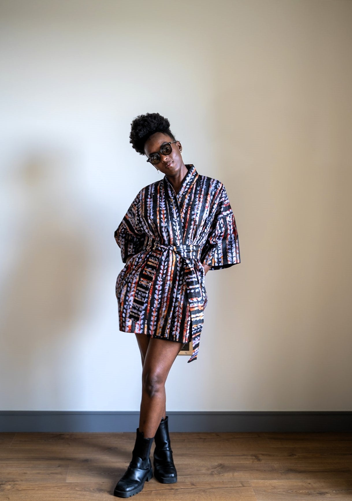 African Print Cotton Kimono Robe – Black & Yellow Butter Colors, Hidde